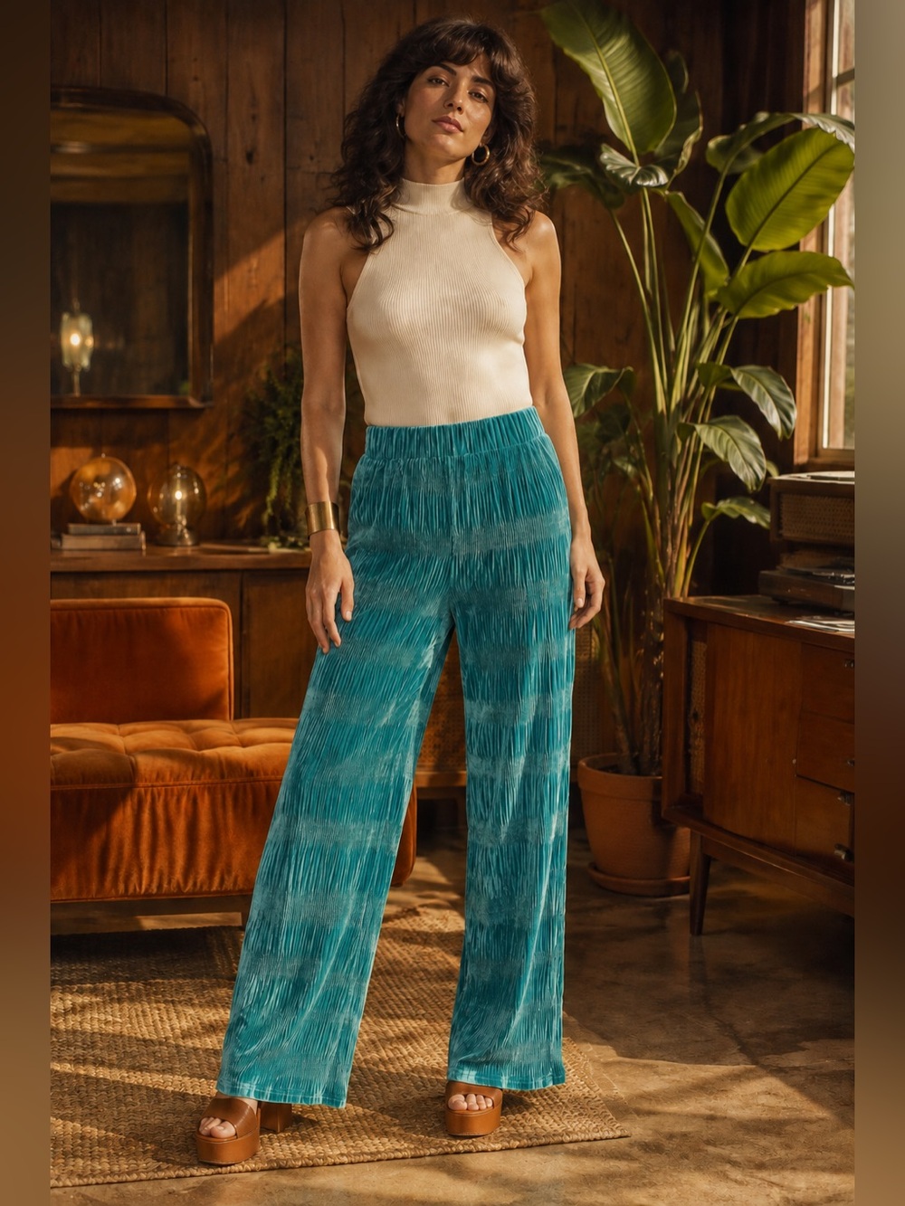 NWT BIBI Teal Crushed Velvet Plissé Wide Leg Pants Retro 70s Small